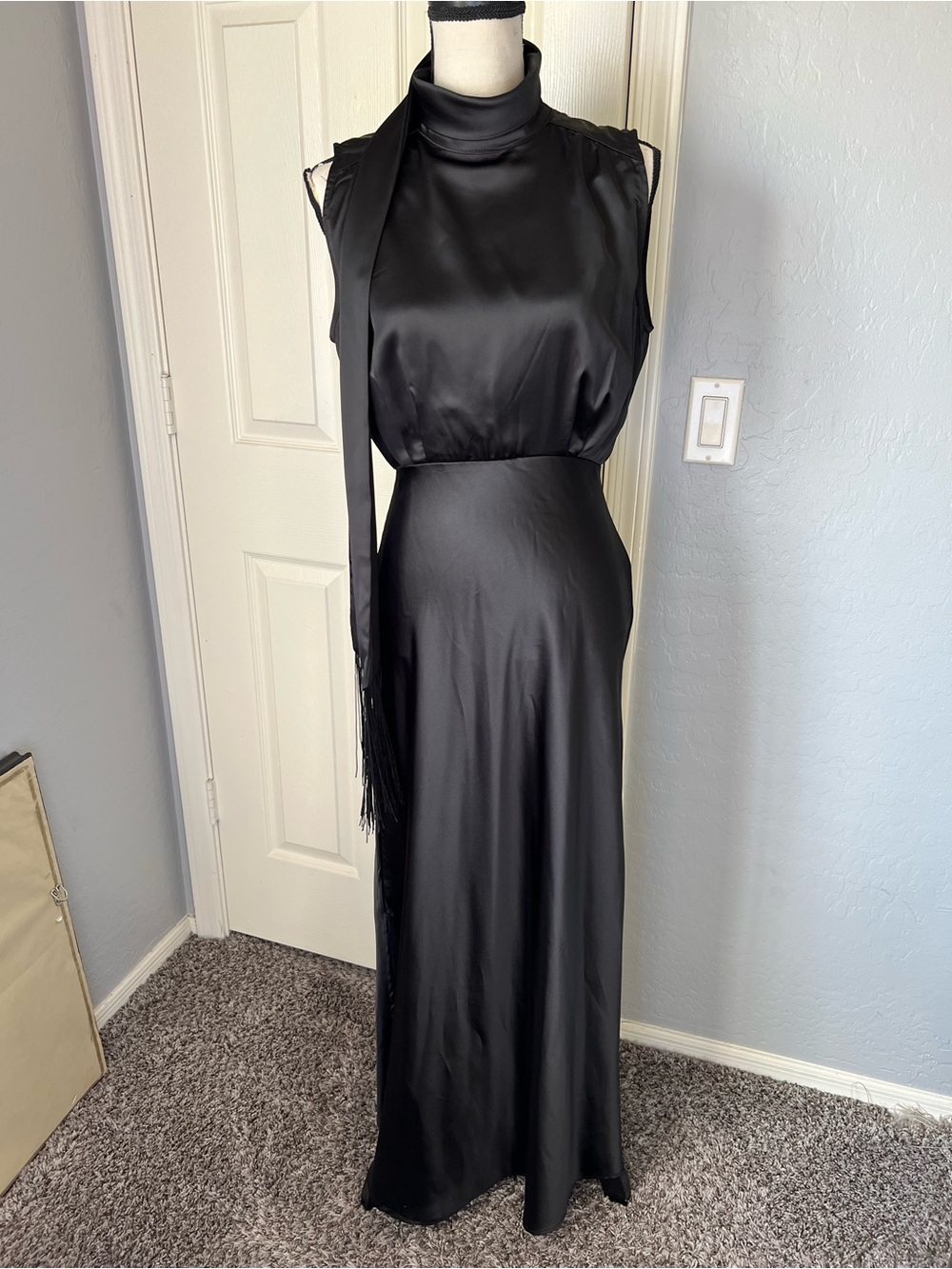 Ina Black Satin High-Neck Sleeveless Maxi Dress with Scarf